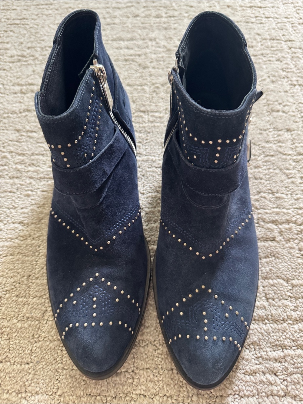Anine Bing Navy Suede Studded Western Ankle Boots Buckle Booties Size 39